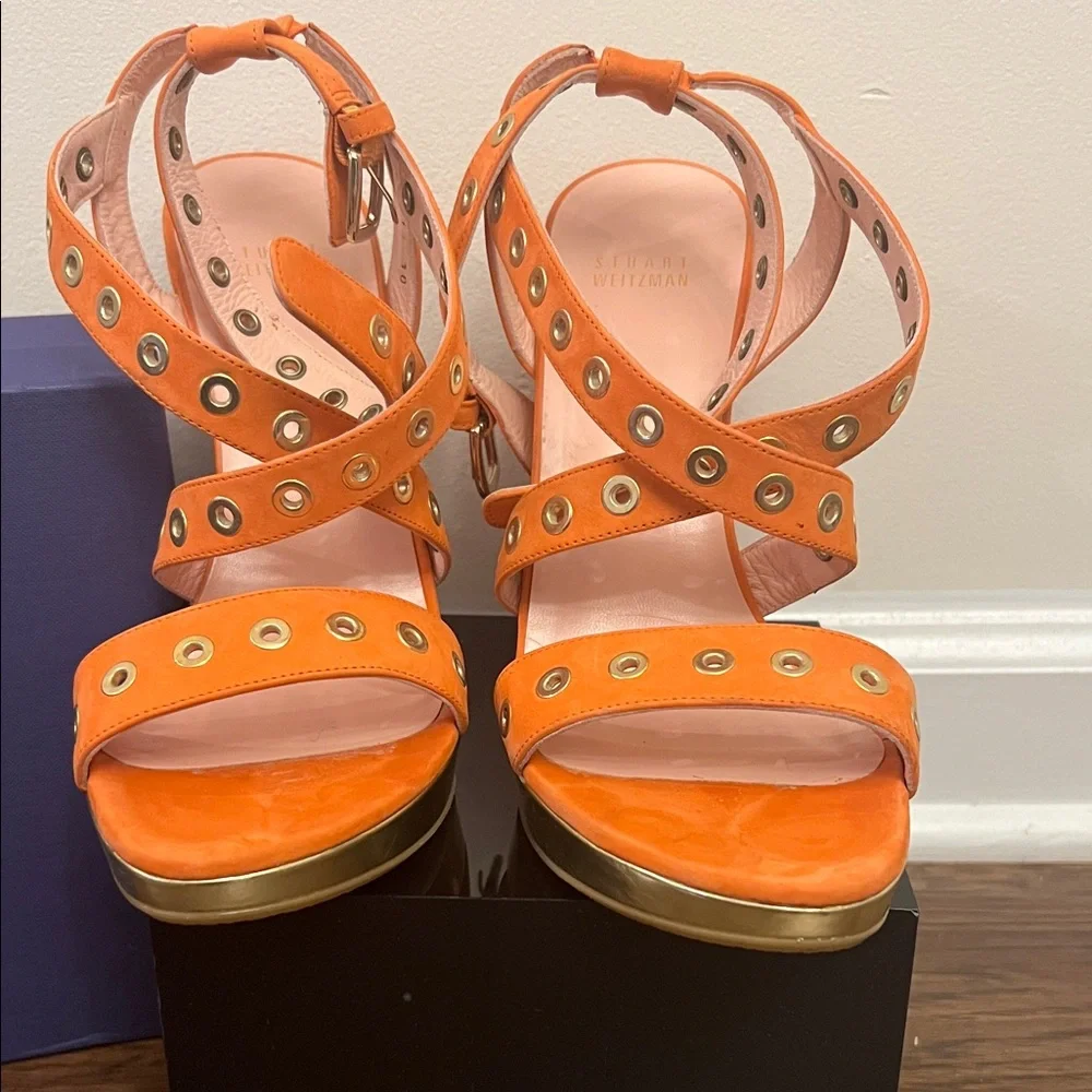 Stuart Weitzman Vibrant Orange Wedge Sandal Heels - Picture 2 of 6